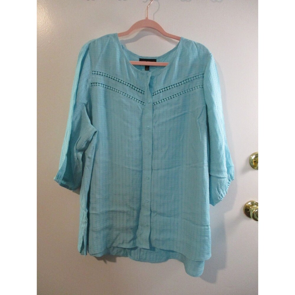 Lane Bryant Womens Sz 20 Tunic Top Blouse 1/2 Sleeve Blue Searsucker Summer